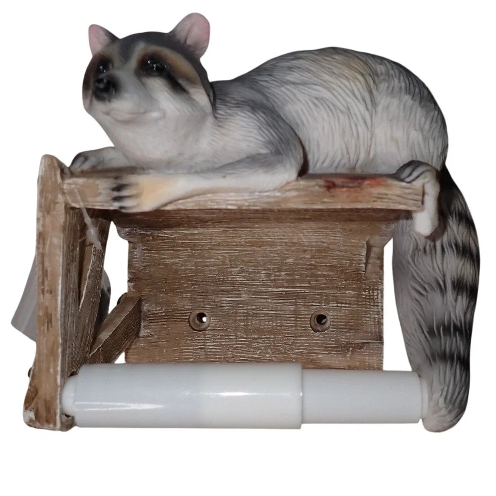 Raccoon Toilet Paper Holder Wall Mount Cabin Decor Rustic Resin